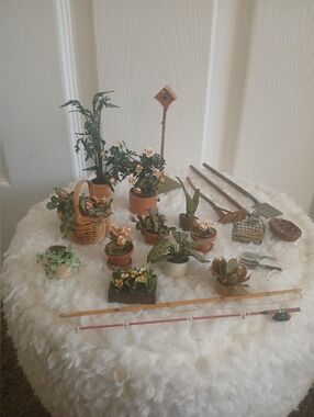Vintage Miniature Outdoor Indoor Plants Garden Tools Fishing Poles Bird House